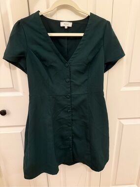 Green V-Neck Button Front Women's Dress